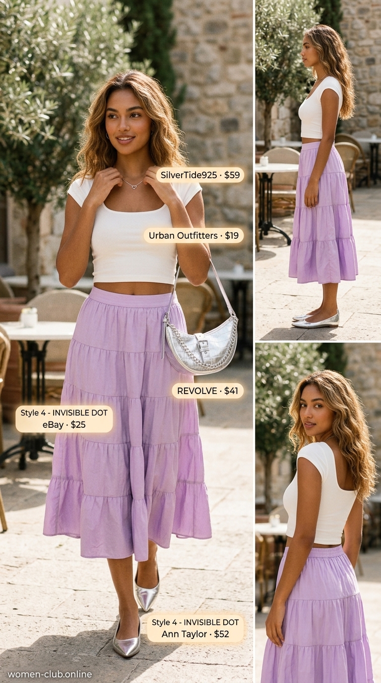 Lilac flowy midi skirt and white crop top for summer brunch outfits for women 2026. Feminine look.