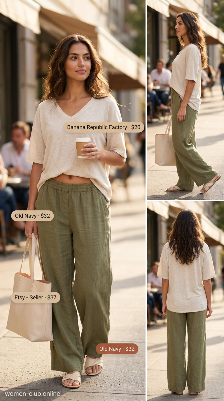 Monochromatic olive green linen pants outfit for summer brunch with friends 2026. Relaxed top, leather tote.