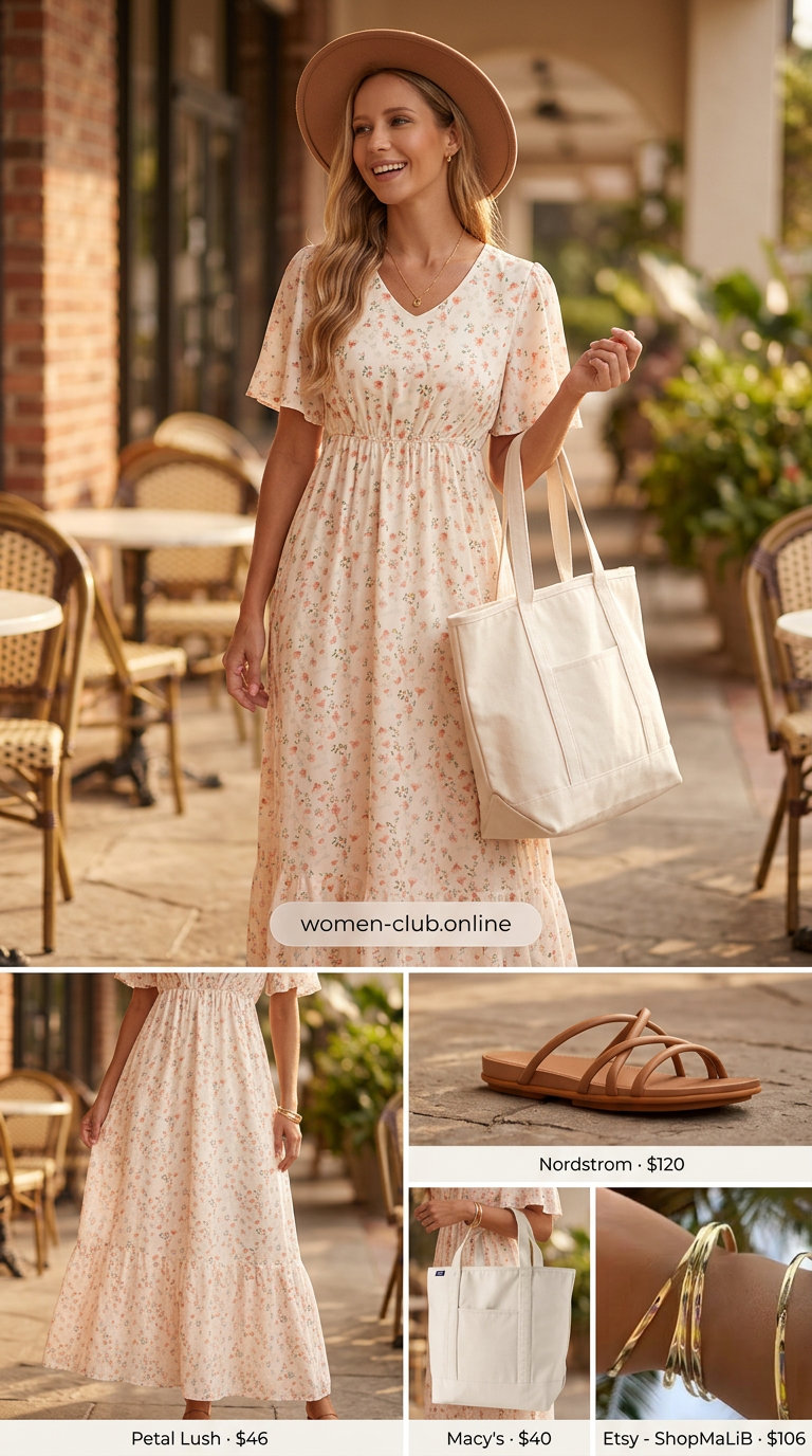 Coral floral maxi dress for summer brunch with friends 2026. Flowy dress, strappy sandals, canvas tote.