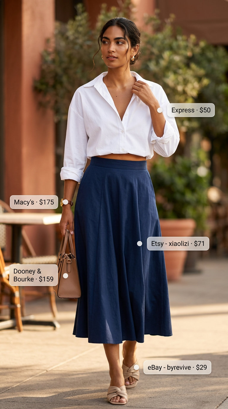 City garden chic outfit for summer brunch with friends 2026. Navy skirt, white shirt, tan mules.