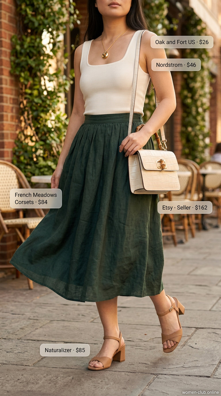 Sage green midi skirt and cream knit top for summer brunch outfits for women 2026. Sophisticated look.