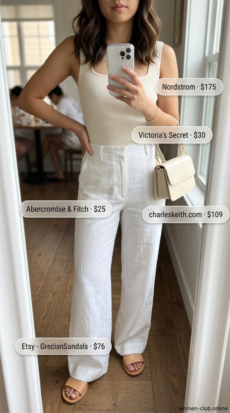 White linen wide-leg pants and beige knit top for summer brunch outfits for women 2026. Sophisticated style.