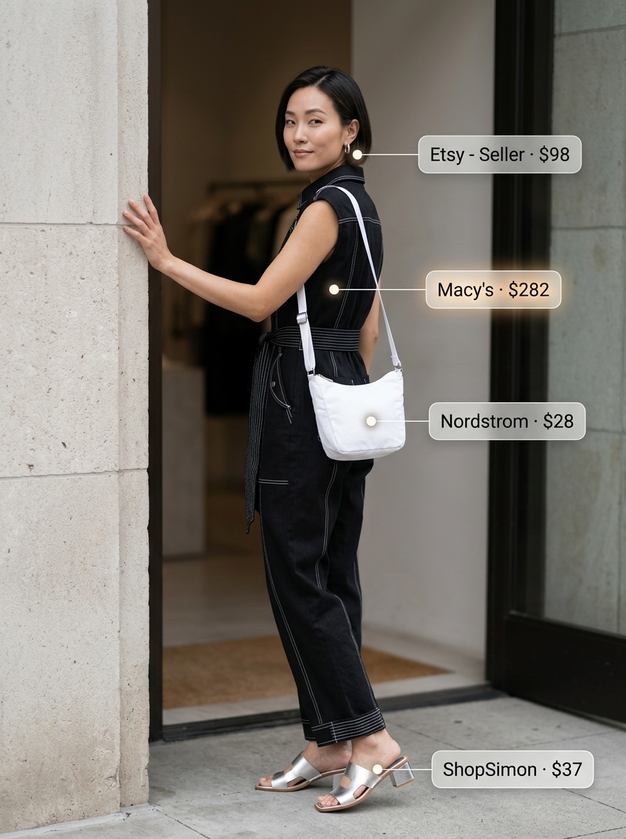 Linen jumpsuit outfit: black jumpsuit, silver earrings, crossbody bag for summer 2026 capsule.