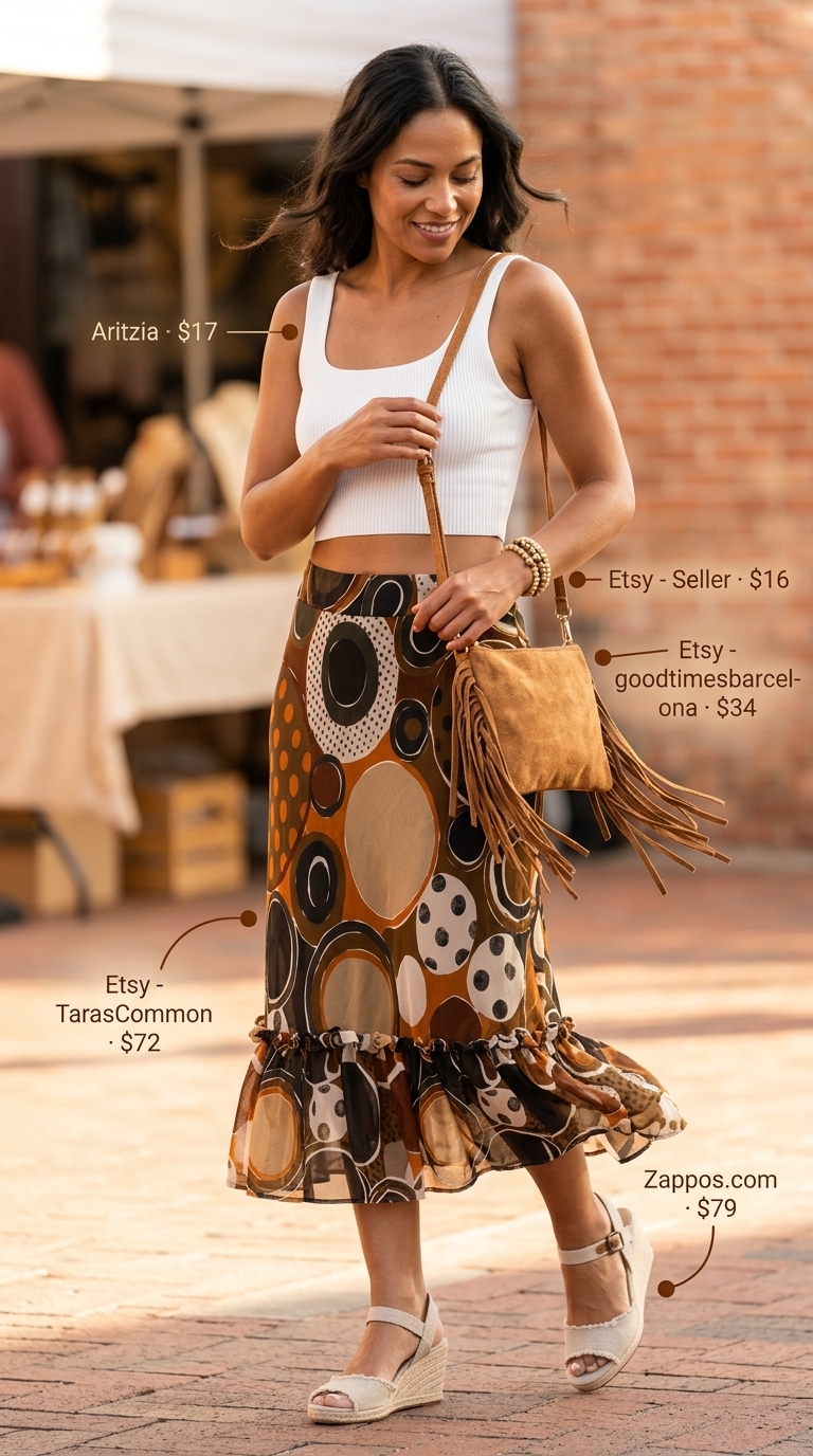 Boho midi skirt outfit: white crop top, tiered skirt, espadrilles, fringe crossbody bag for summer 2026 capsule.