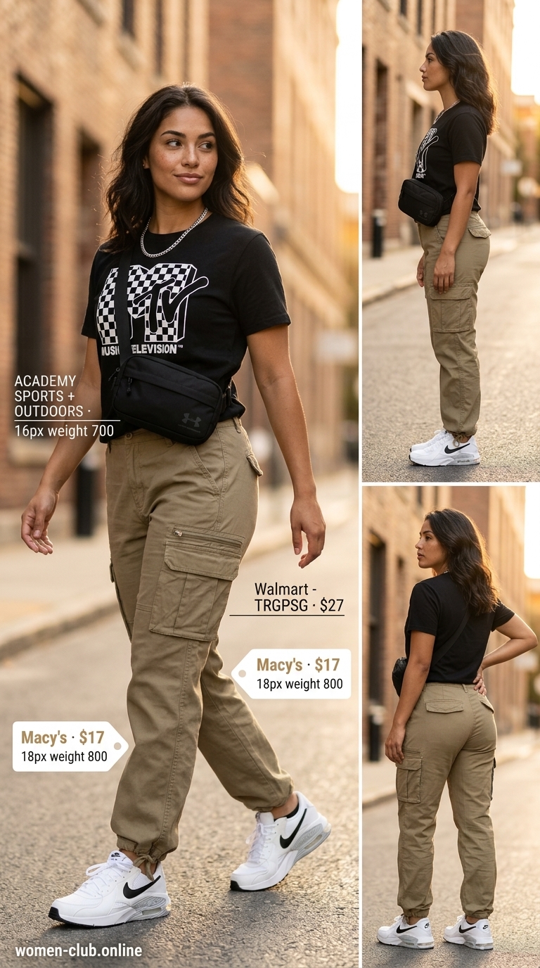 Khaki cargo pants, black belt bag, and graphic tee for a cool urban street style look.