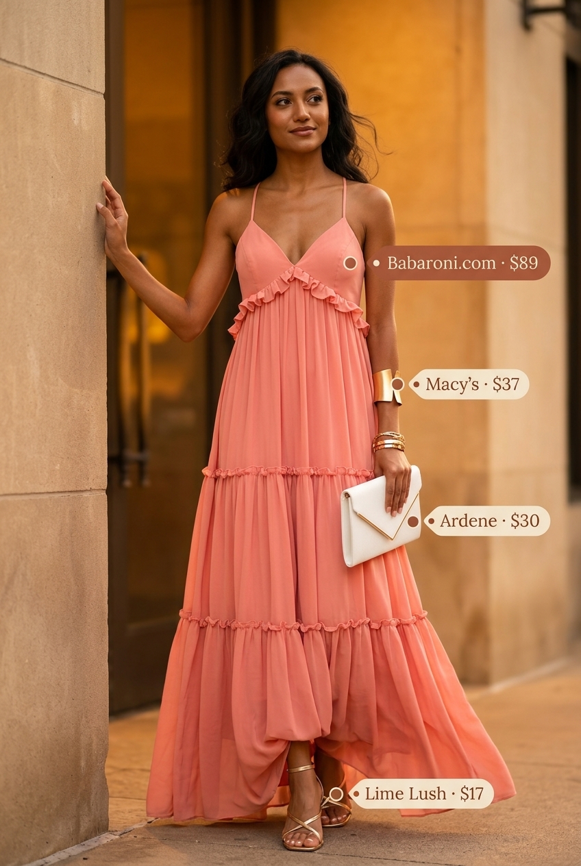 Maxi dress outfit: coral dress, gold cuff, gold heels, clutch for summer 2026 capsule.