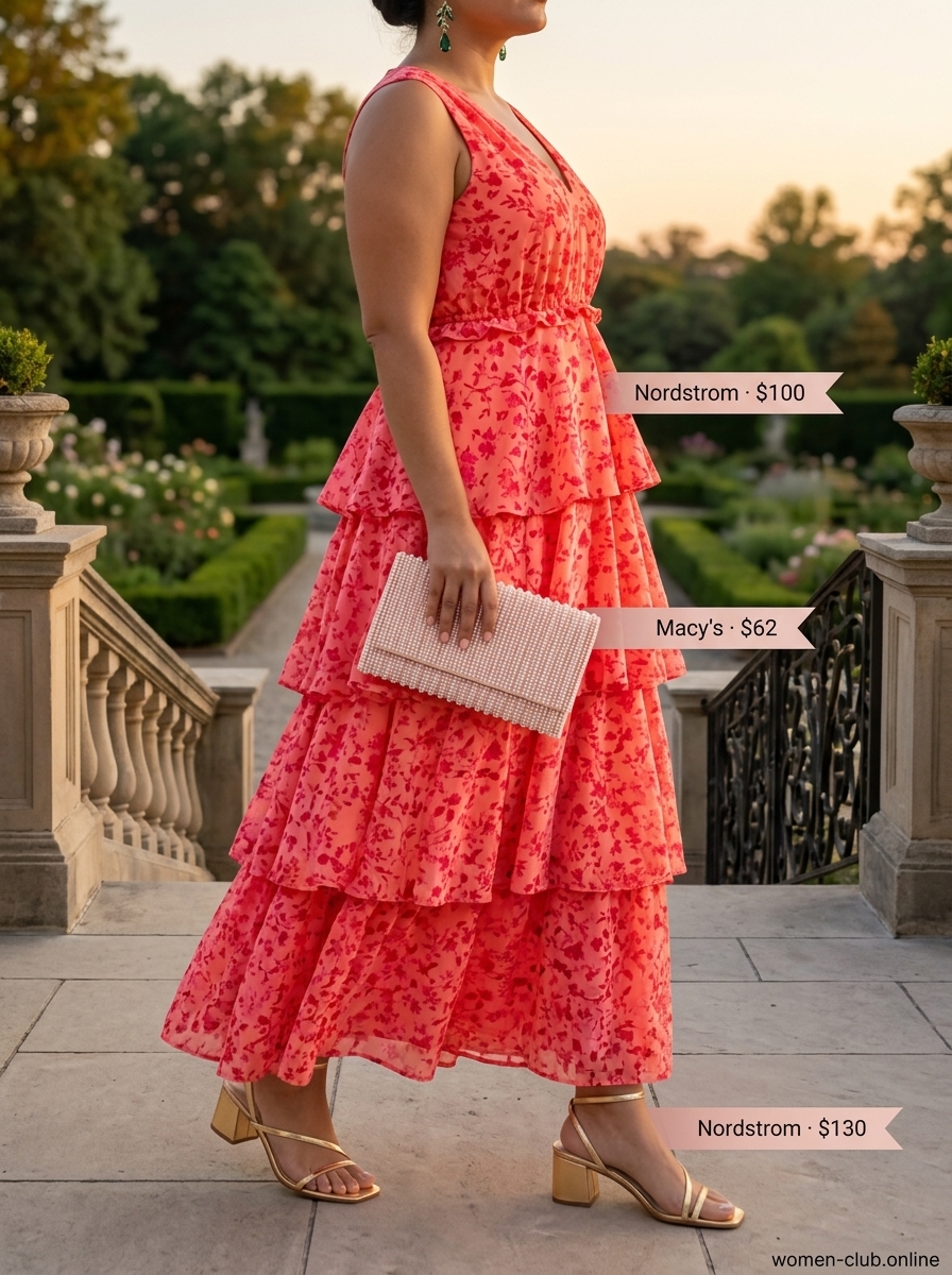 Coral floral maxi dress, emerald green earrings, and gold heels for a summer wedding guest outfit.