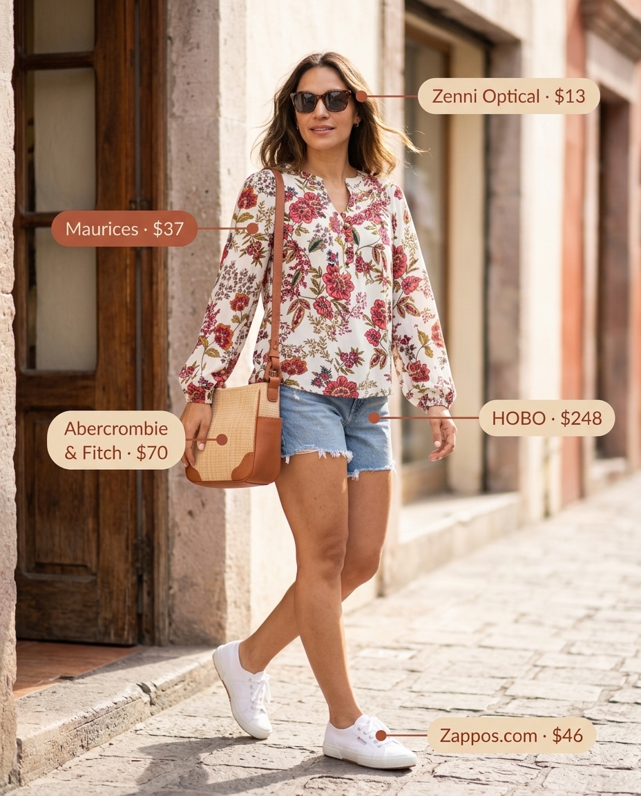 Denim shorts outfit: floral blouse, denim shorts, white sneakers for summer 2026 capsule.