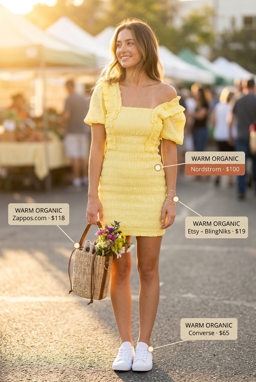 Mini dress outfit: lemon yellow dress, white sneakers, straw bag for summer 2026 capsule.