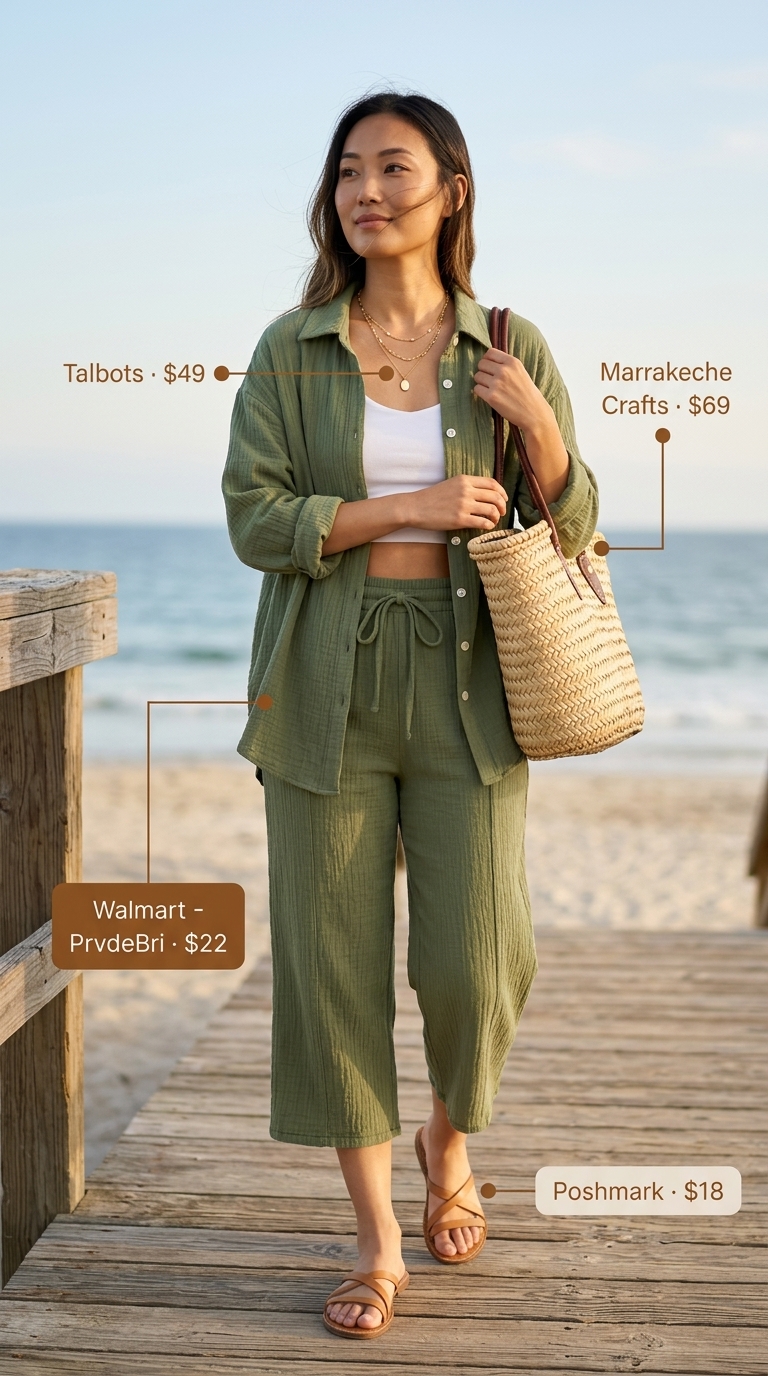 Linen set outfit: olive green shirt & pants, straw tote, gold necklaces for summer 2026 capsule.