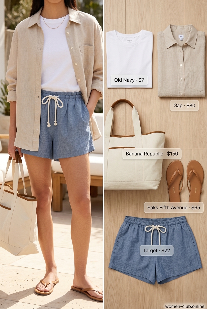 Dusty blue linen shorts, white tee, and oversized linen shirt for a relaxed summer outfit.