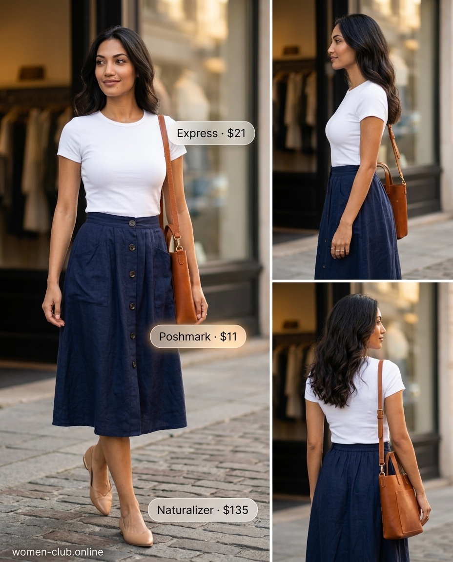 Navy blue midi skirt, white knit top, and nude ballet flats for a sophisticated smart casual look.