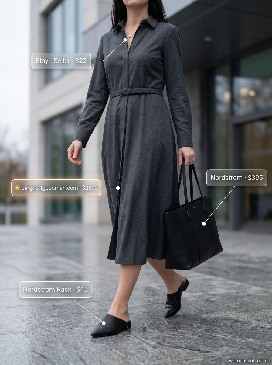 Minimalist shirt dress outfit: charcoal grey dress, black mules, tote bag for summer 2026 capsule.