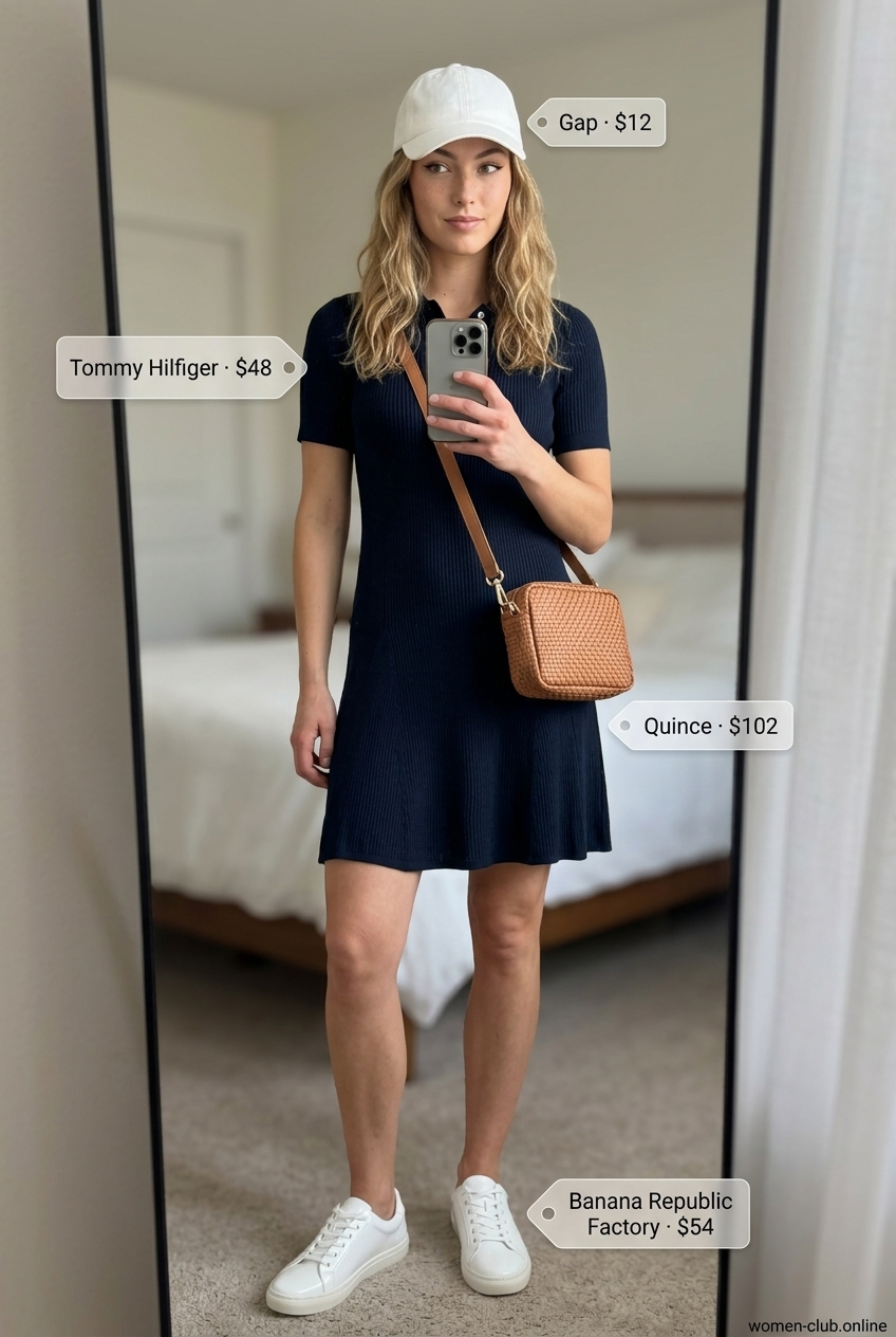 Navy blue polo shirt dress, white sneakers, and baseball cap for a preppy casual look.