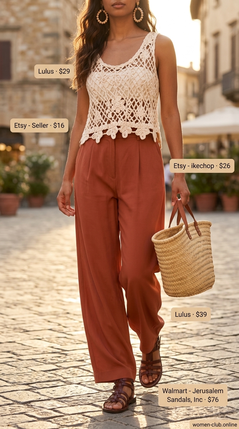 Wide-leg pants outfit: terracotta pants, cream crochet top, gladiator sandals for summer 2026 capsule.