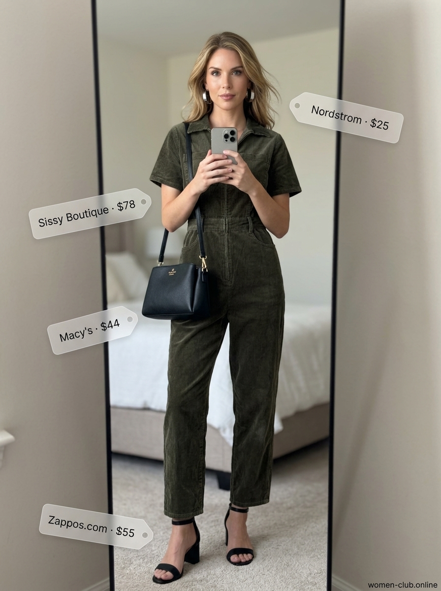 Olive green utility jumpsuit, silver hoop earrings, and black block heel sandals for a chic urban look.
