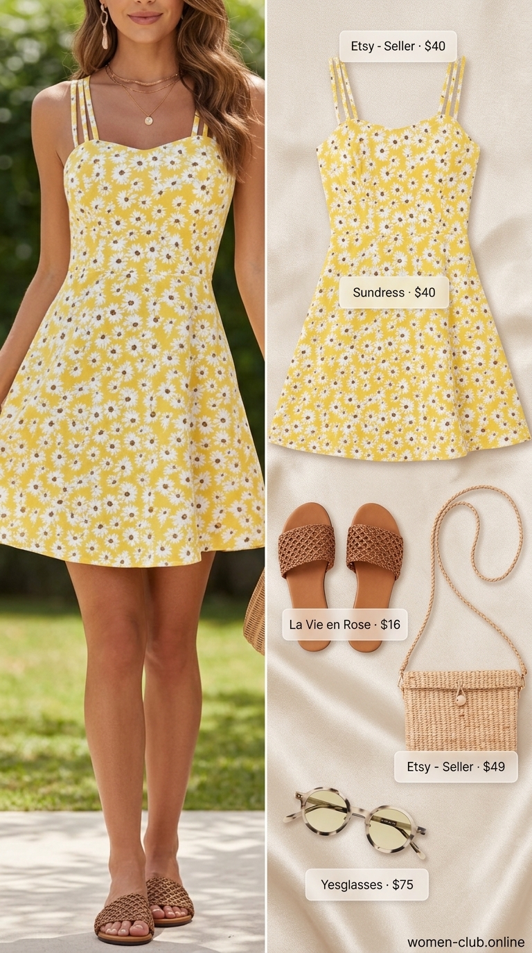Yellow sundress with white print, straw bag, and flat sandals. Summer clothes capsule for women 2026.