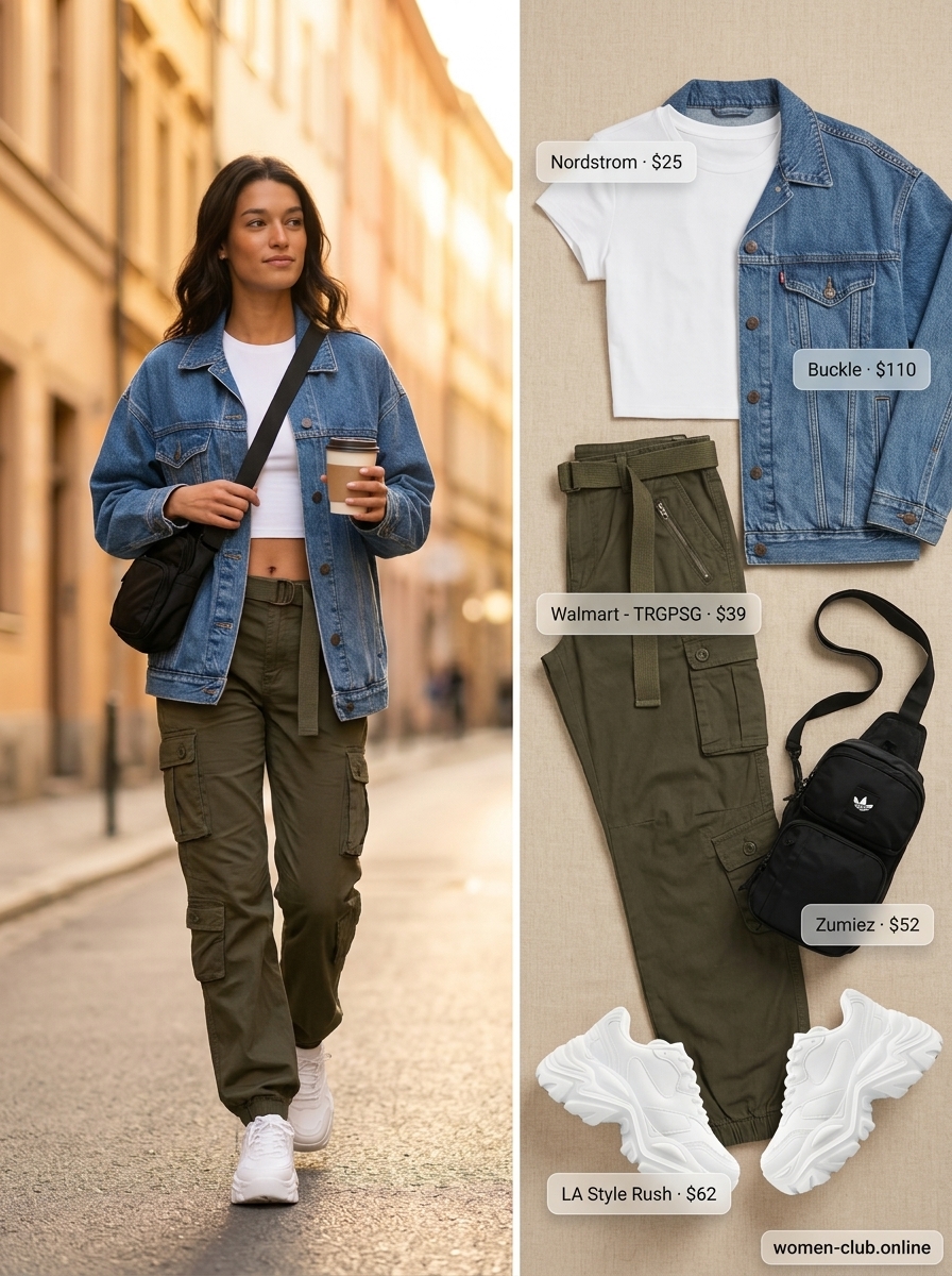 Cargo pants outfit: khaki cargo pants, white crop top, denim jacket, platform sneakers for women 2026.