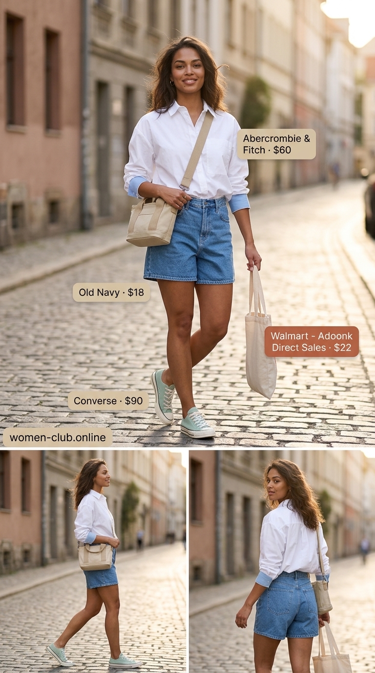 Casual weekend outfit: olive green button-down, denim shorts, sneakers, crossbody bag, cap for women 2026.