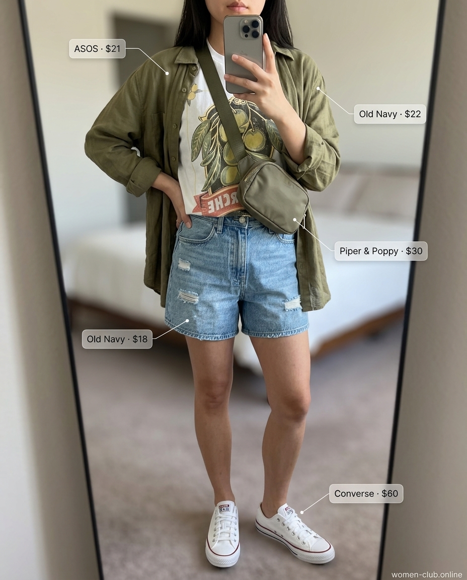 Casual weekend outfit: olive green linen shirt, graphic tee, denim shorts, belt bag, sneakers for women 2026.