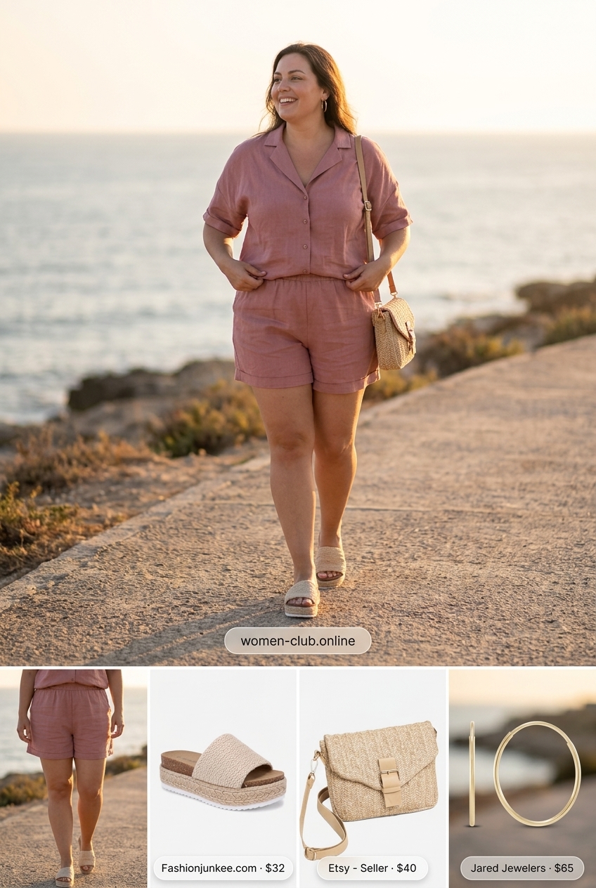 Linen co-ord set outfit: dusty rose shirt & shorts, espadrilles, straw crossbody bag, gold hoops for women 2026.