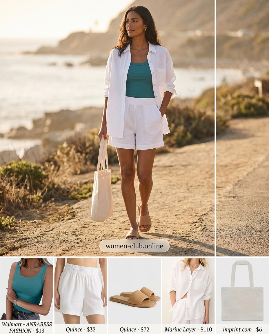 Relaxed linen shorts outfit: oversized white linen shirt, teal tank, slides, canvas tote for women 2026.