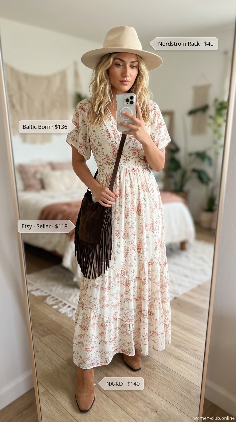 Boho maxi dress outfit: ivory floral dress, suede boots, fringe bag, felt hat for women 2026.