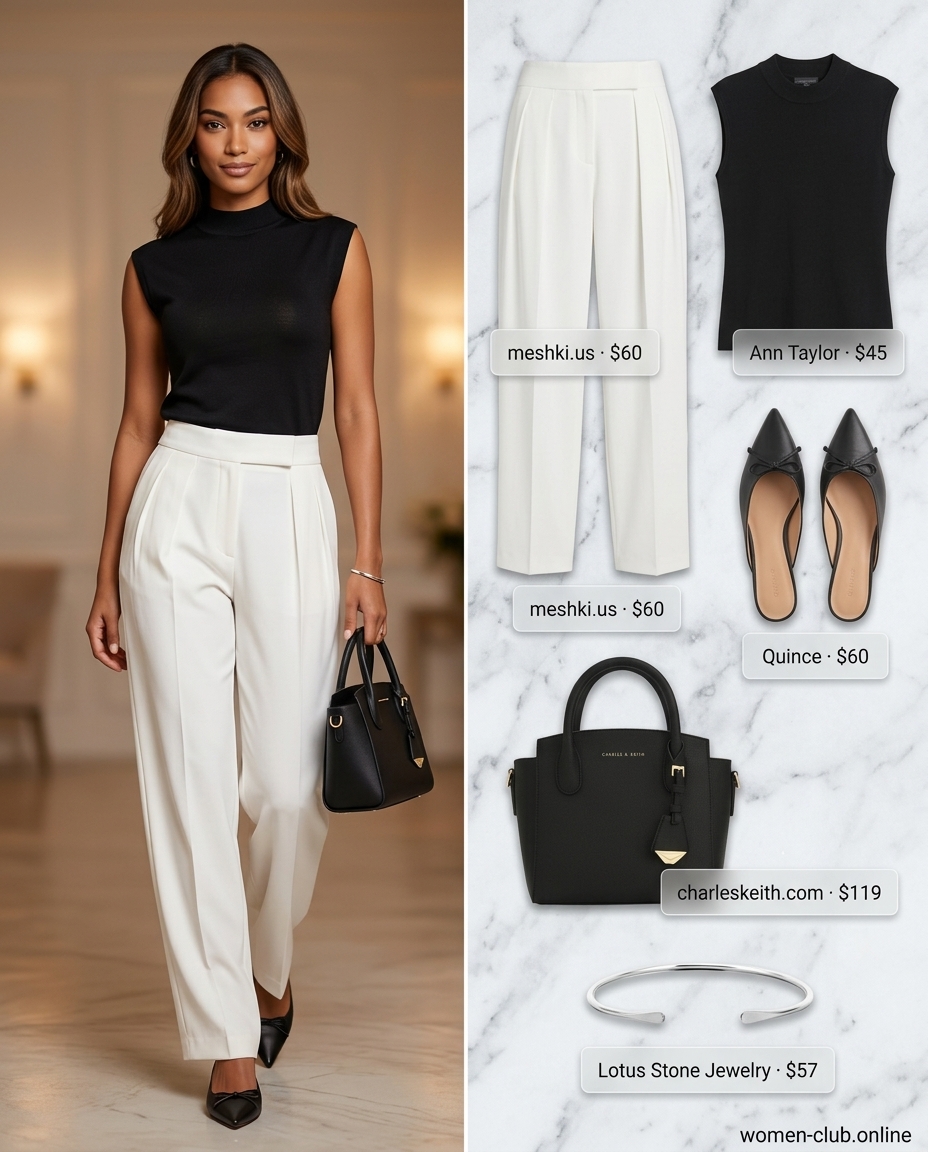 Minimalist office casual outfit: white trousers, black mock neck top, mules, structured bag for women 2026.