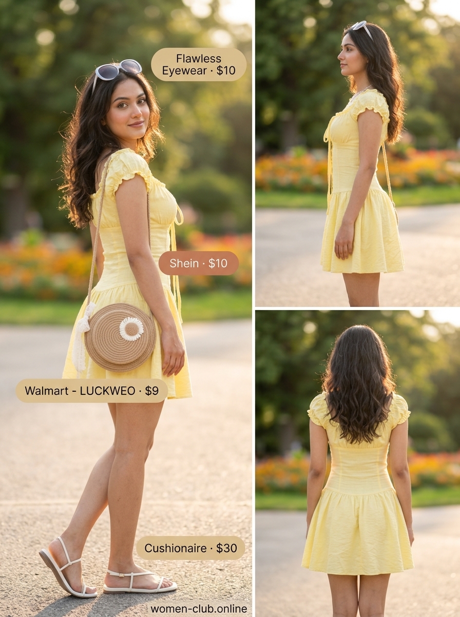 Cheerful sundress outfit: lemon yellow mini dress, straw bag, white sunglasses, flat sandals for women 2026.