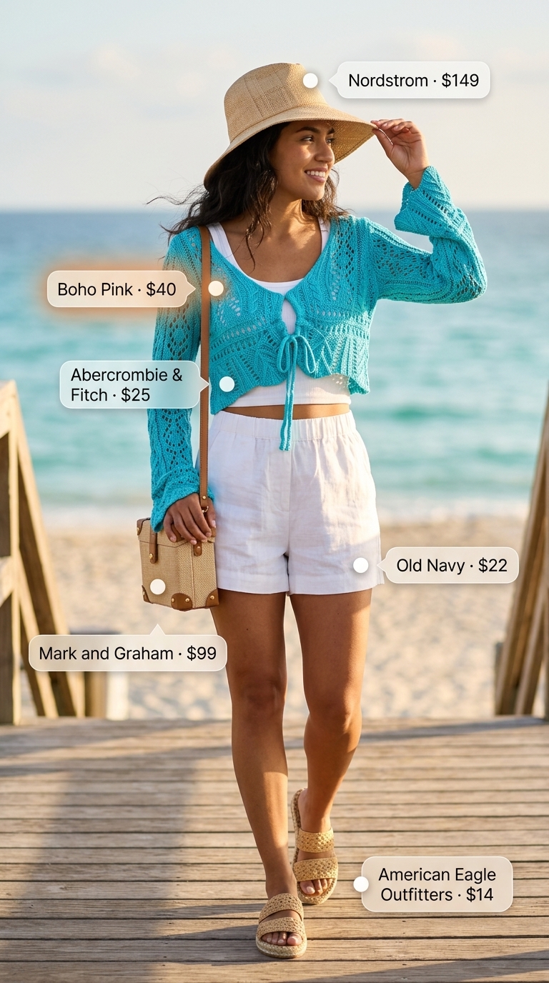 Coastal chic outfit with a turquoise crochet tunic cover-up, linen shorts, and oversized straw hat 2026.