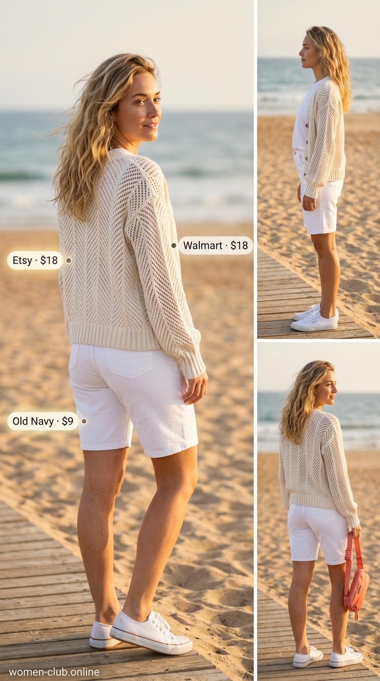 Casual coastal cruise outfit with a light grey crochet button-down cover-up, white shorts, and coral belt bag 2026.