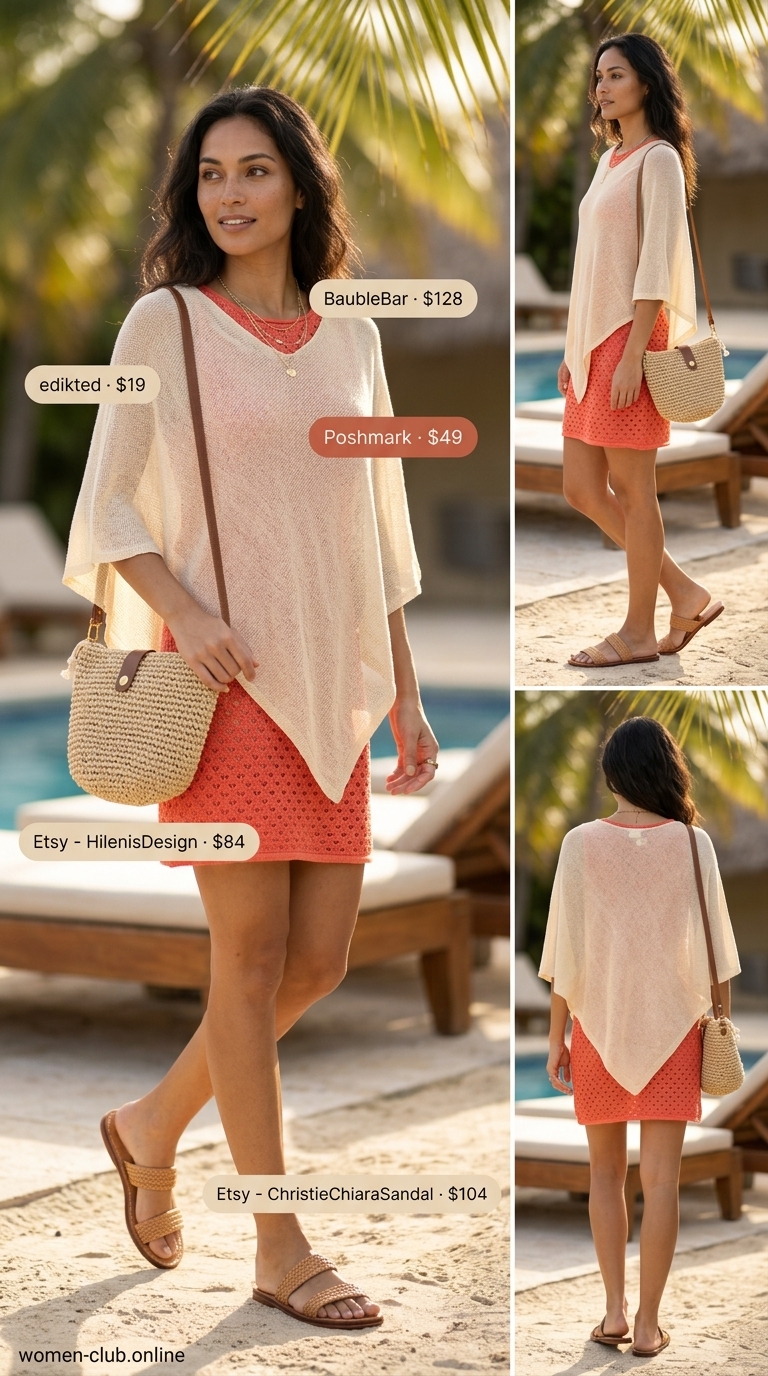 Vibrant summer crochet cover up outfits 2026: Coral crochet mini dress with woven bag & gold necklaces for evening out.