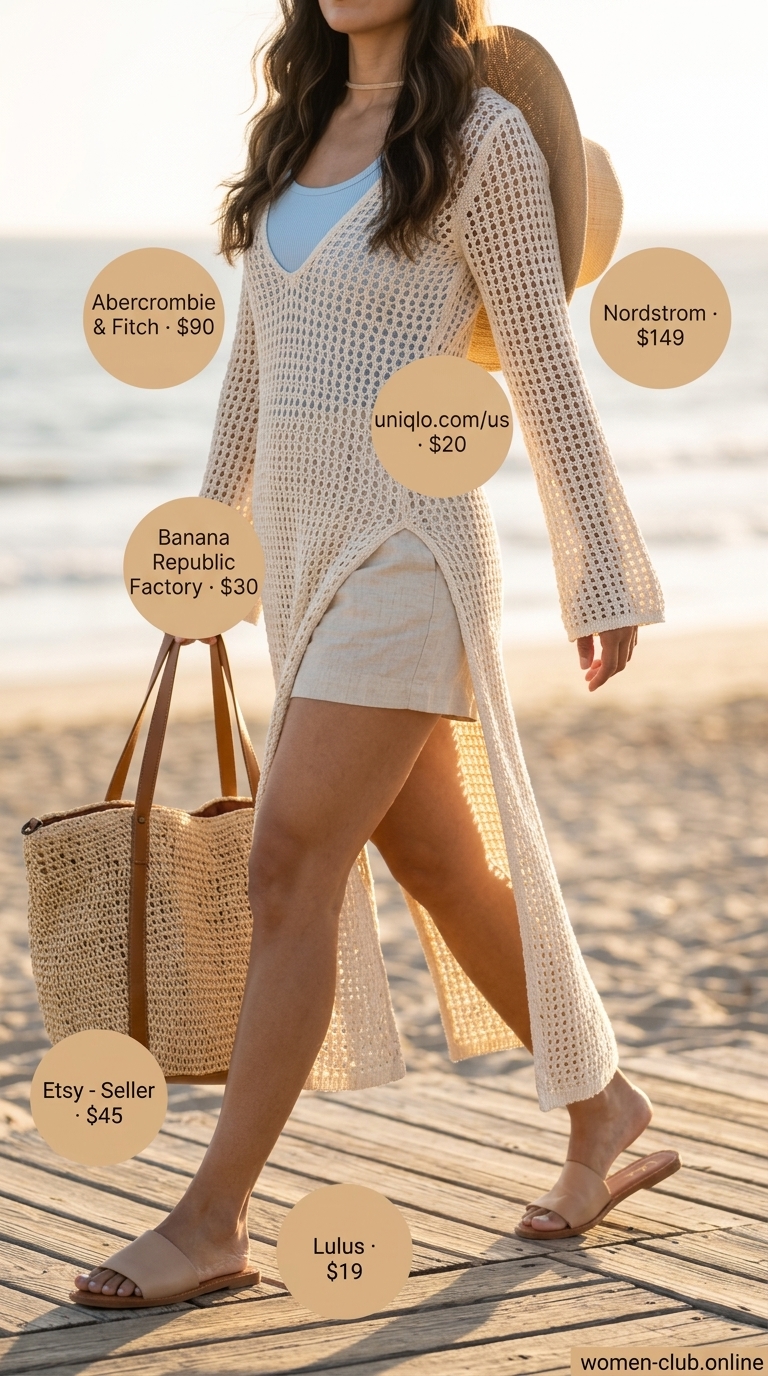 Relaxed summer crochet cover up outfits 2026: Cream maxi cover-up with linen shorts, tank top & straw hat.