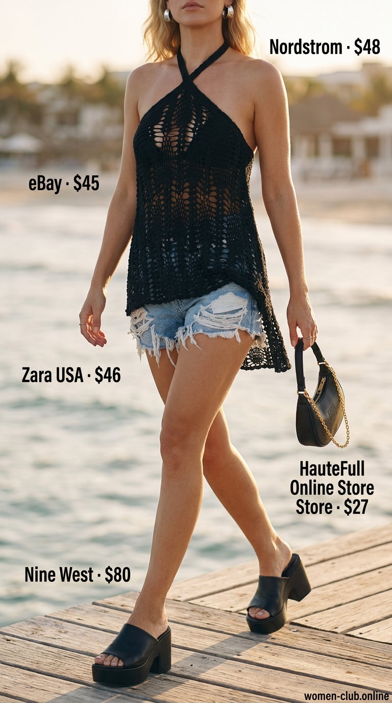 Edgy black crochet halter mini cover-up outfit with distressed denim shorts and platform slides for beach party.