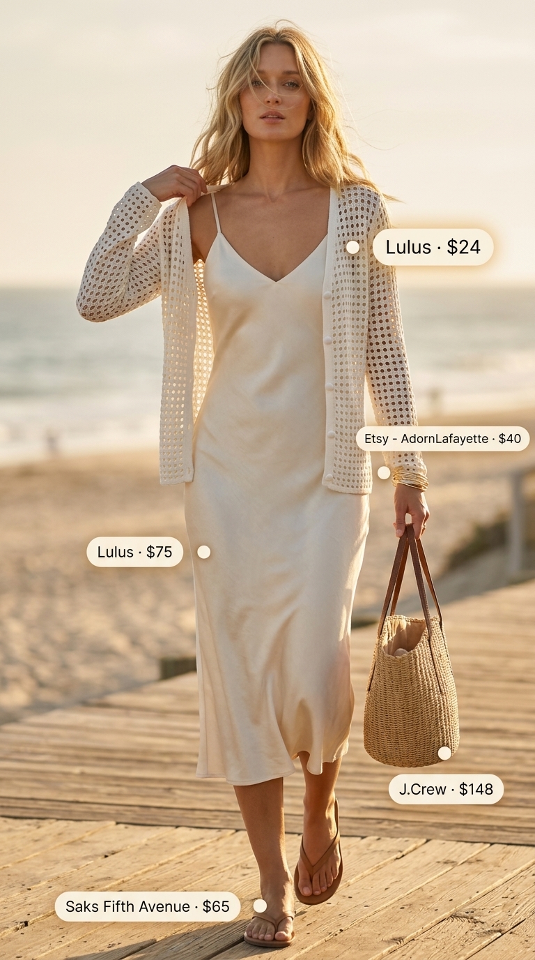 Boho bliss outfit with a cream crochet duster cover-up over a white slip dress for beach evenings 2026.