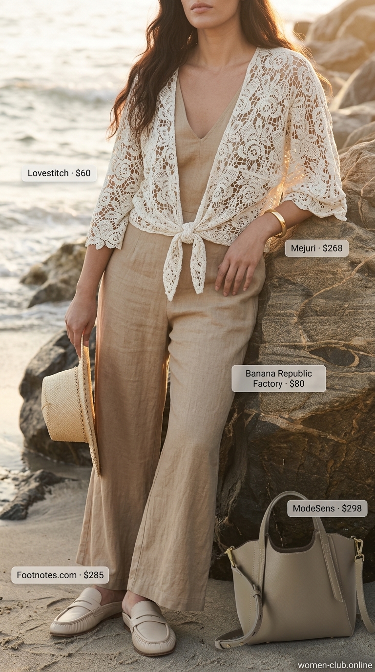 Ecru crochet kimono cover-up with linen jumpsuit for a sophisticated resort day outfit 2026.