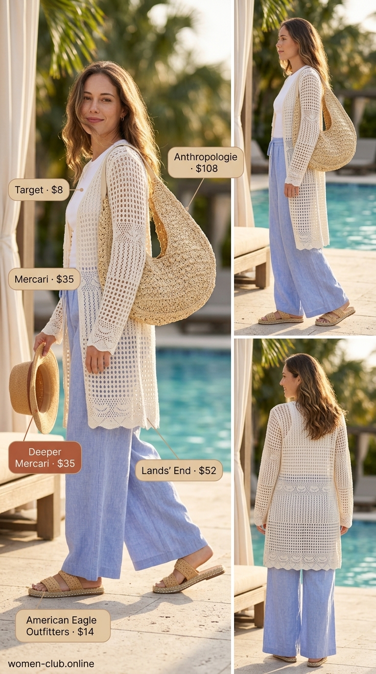 Relaxed ocean blue linen pants outfit with crochet duster, tank top, and espadrilles for daytime exploration.