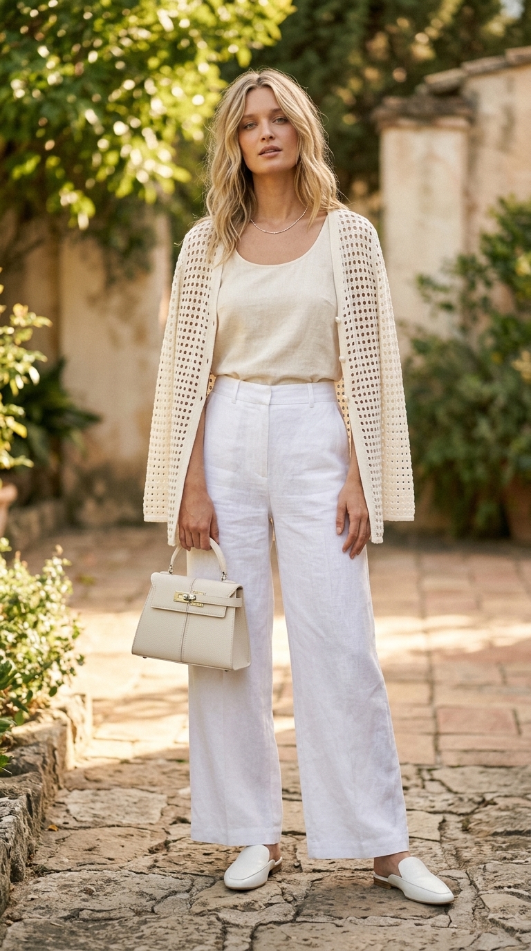 Monochromatic white linen pantsuit with a sheer crochet kimono cover-up for a chic resort lunch 2026.