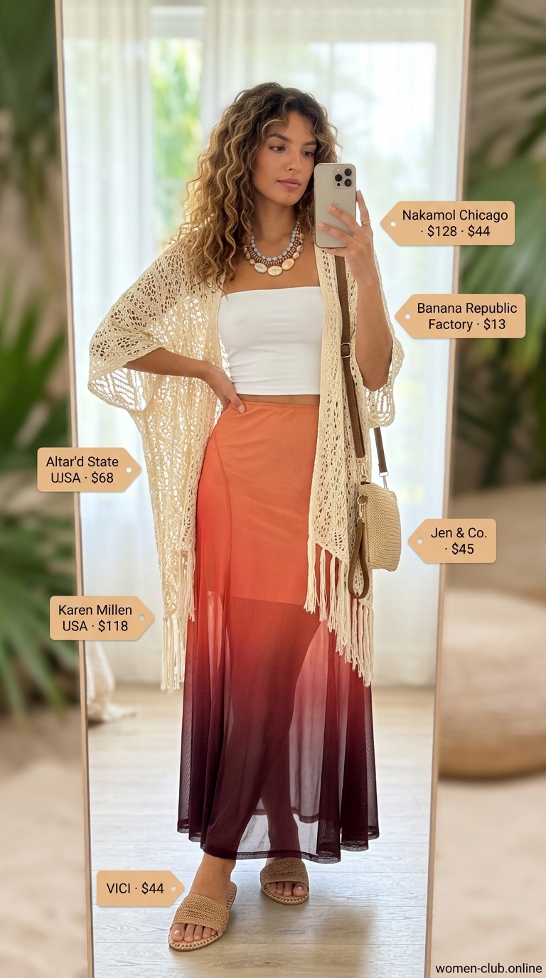 Bohemian ombré maxi skirt outfit with crochet kimono, bandeau top, and woven sandals for summer festival.