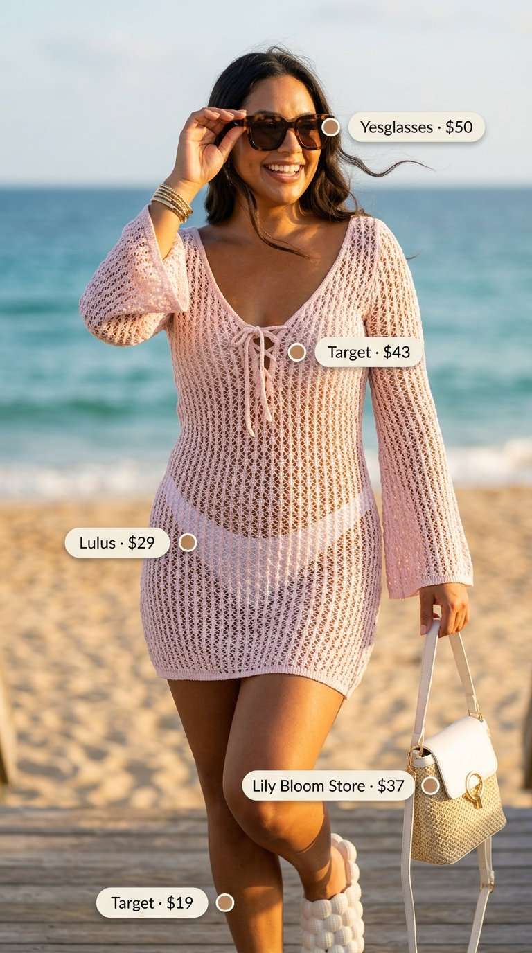 Fun coral pink crochet short cover-up dress outfit for pool party, with slides, bikini, and sunglasses.