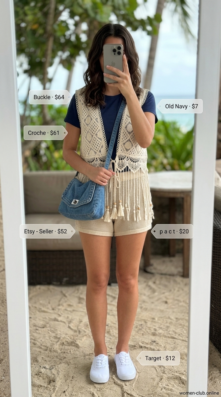 Retro beige crochet vest and shorts outfit with t-shirt, sneakers, and denim crossbody for casual day out.