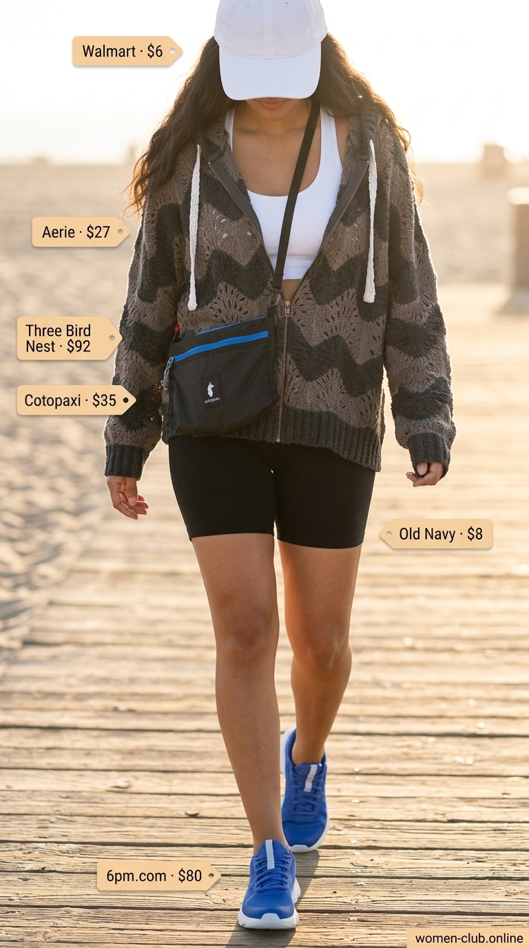 Sporty summer crochet cover up outfits 2026: Grey hoodie cover-up with biker shorts, sports bra & cap for active beach day.