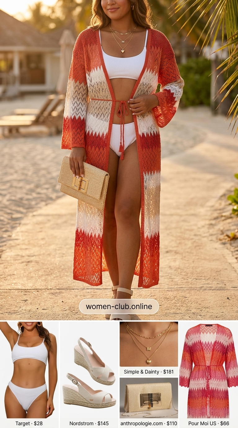 Sunset orange-red crochet kimono cover-up outfit for beach dinner, with bikini, espadrilles, and gold necklaces.