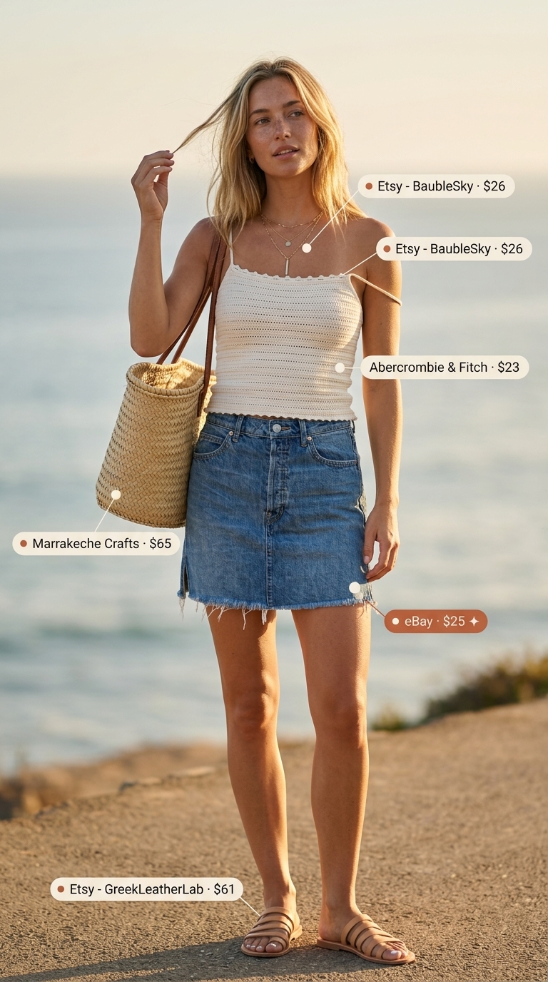 Sunset Beach Bonfire outfit: Distressed denim mini skirt, crochet tank, straw tote, & gold necklaces. Summer Denim skirt 2026.