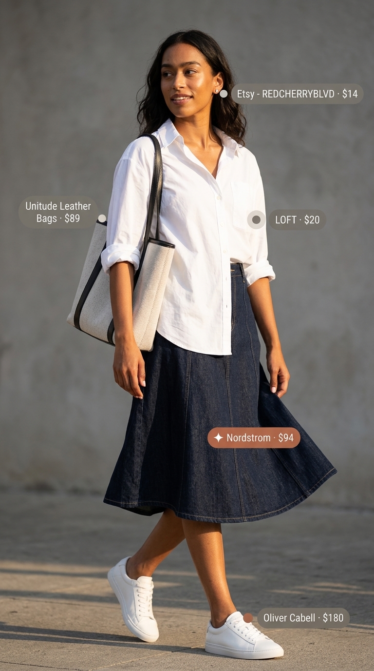 Summer Denim Skirt 2026: Dark wash midi skirt, white oversized shirt, sneakers for casual cool.