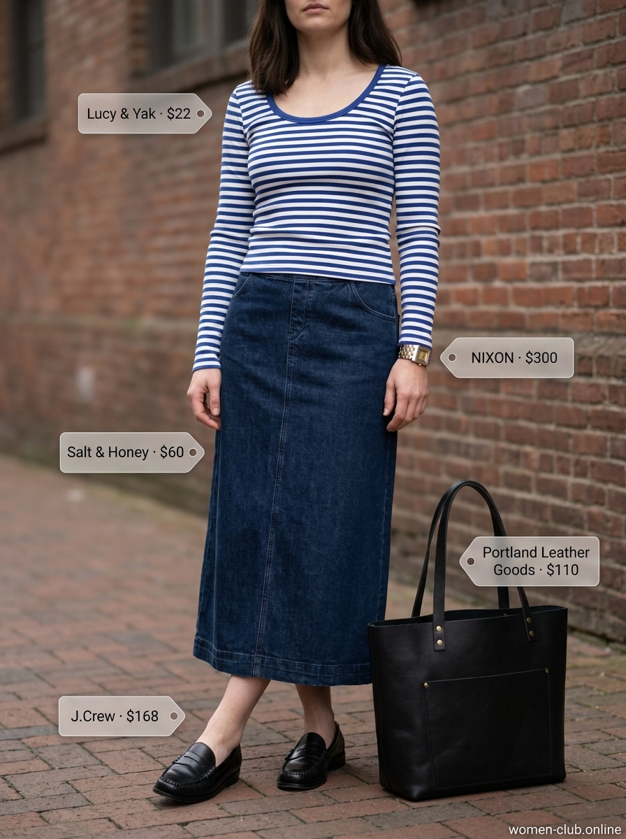Casual Friday office outfit: Dark wash denim midi skirt, striped knit top, loafers. Summer Denim skirt 2026.