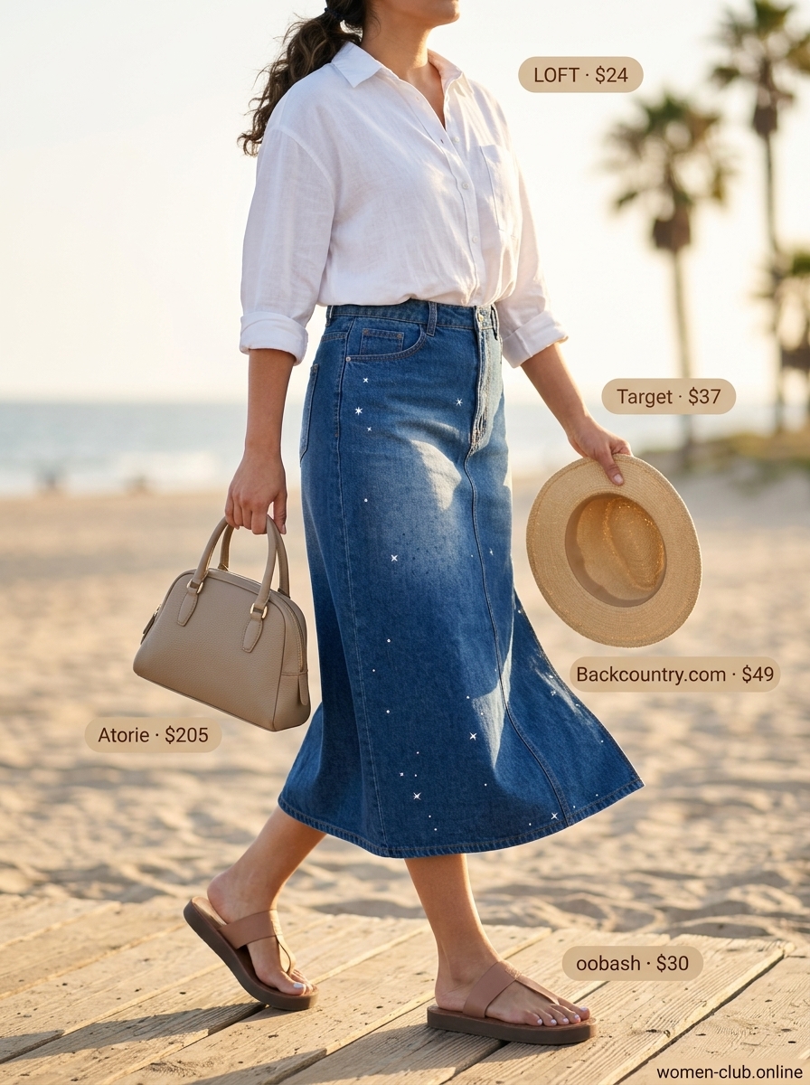 Summer Denim Skirt 2026: Indigo denim midi skirt, linen shirt, flat sandals for a coastal chic outing.