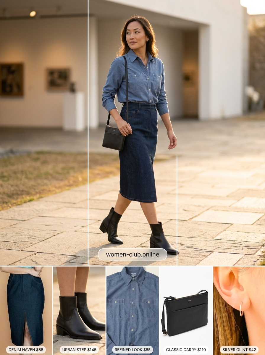 Denim on Denim outfit: Dark wash denim midi skirt, chambray shirt, leather boots. Summer Denim skirt 2026.