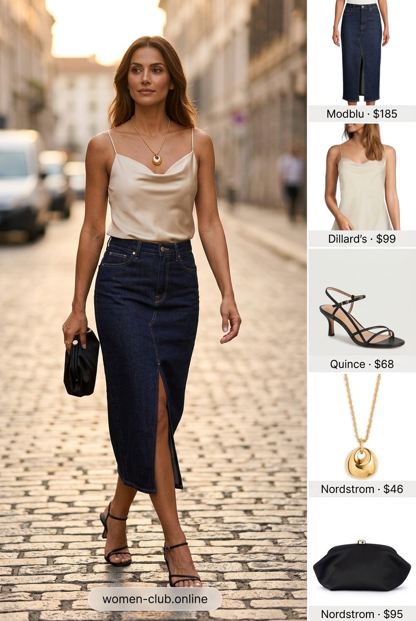 Summer Denim Skirt 2026: Dark wash midi skirt, champagne camisole, heeled sandals for an elegant evening.