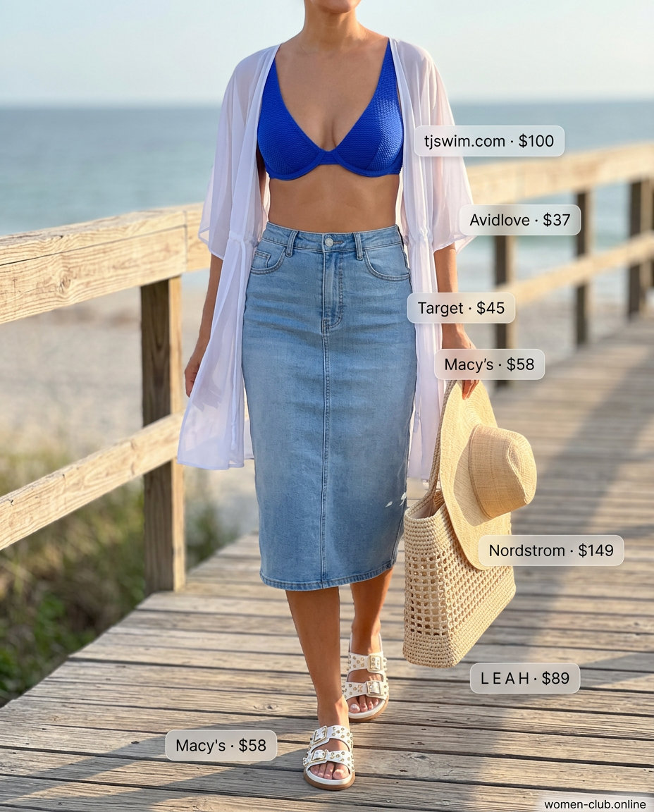 Summer Denim Skirt 2026: Light wash midi skirt, blue bikini top, straw hat for poolside glam.